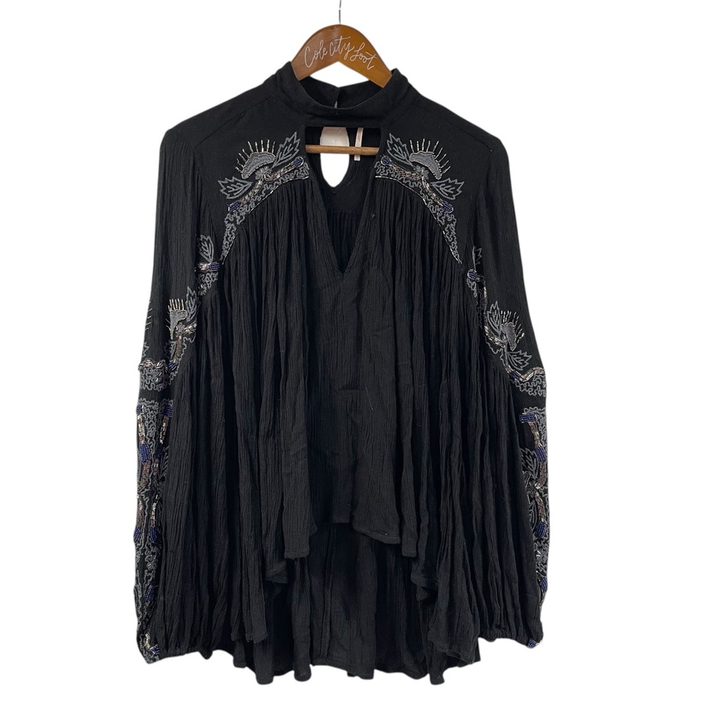 Free People Beaded Hi Low Keyhole Top Small Black Flowy Lace